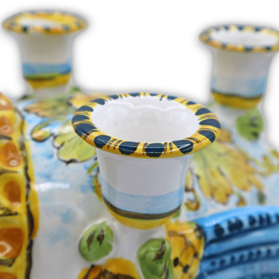 Reproduction of Colapesce candelabra in fine Sicilian ceramic, floral decoration, 45 cm - 