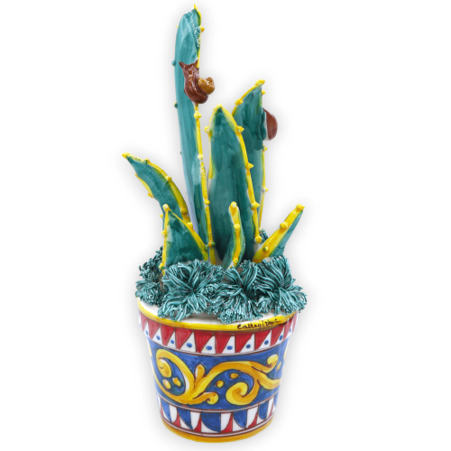Vase with Agave and snails in Caltagirone ceramic, Sicilian cart decoration - h 32 cm approx. CAN mod - 