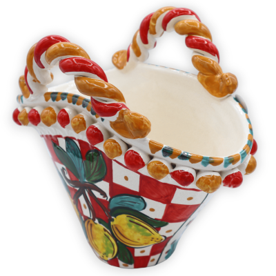 Coffa in pregiata ceramica Caltagirone con decoro carretto siciliano e limoni , L 26 cm x h 21 cm ca. - 