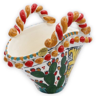 Coffa in pregiata ceramica Caltagirone con decoro carretto siciliano e limoni , L 26 cm x h 21 cm ca. - 