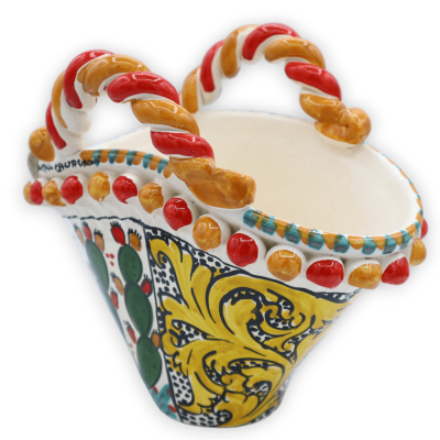 Coffa in fine Caltagirone ceramic with Sicilian cart decoration and lemons, L 26 cm x h 21 cm approx. - 