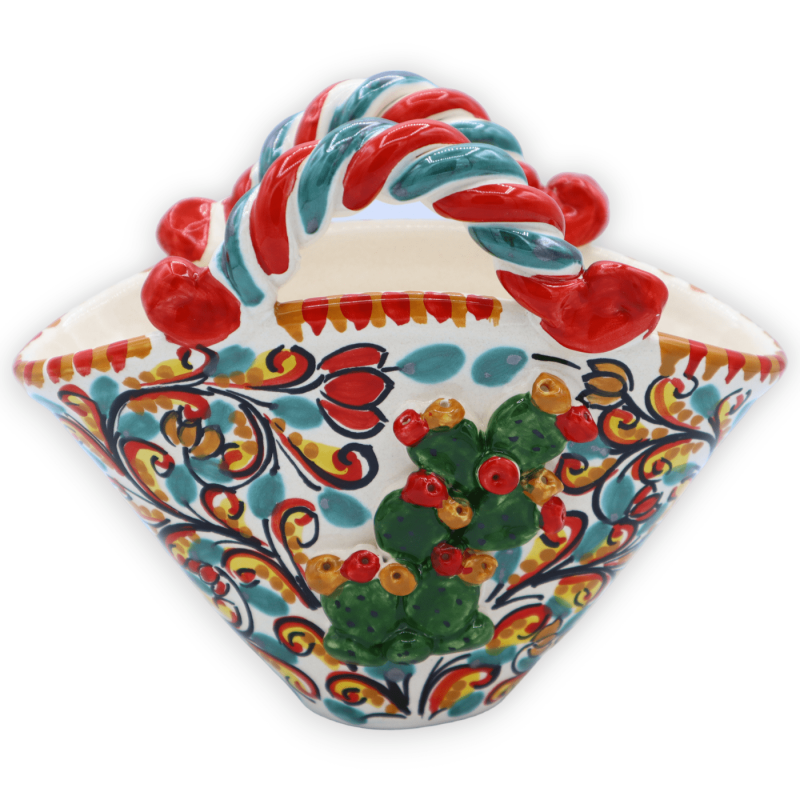 Coffa aus Caltagirone-Keramik mit Feigenkaktus-Schaufelapplikation, sizilianischem Karren und Zitronendekoration, L 20 c
