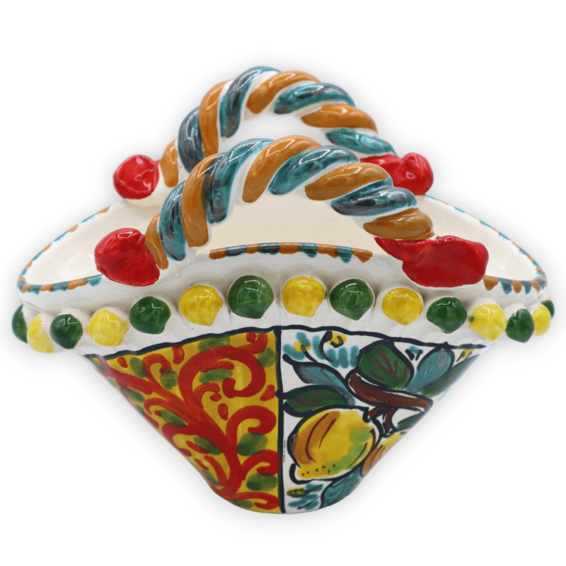 Caltagirone ceramic coffa, Sicilian cart decoration, lemon and prickly pear shovel, L 20 cm x h 17 cm approx. - 