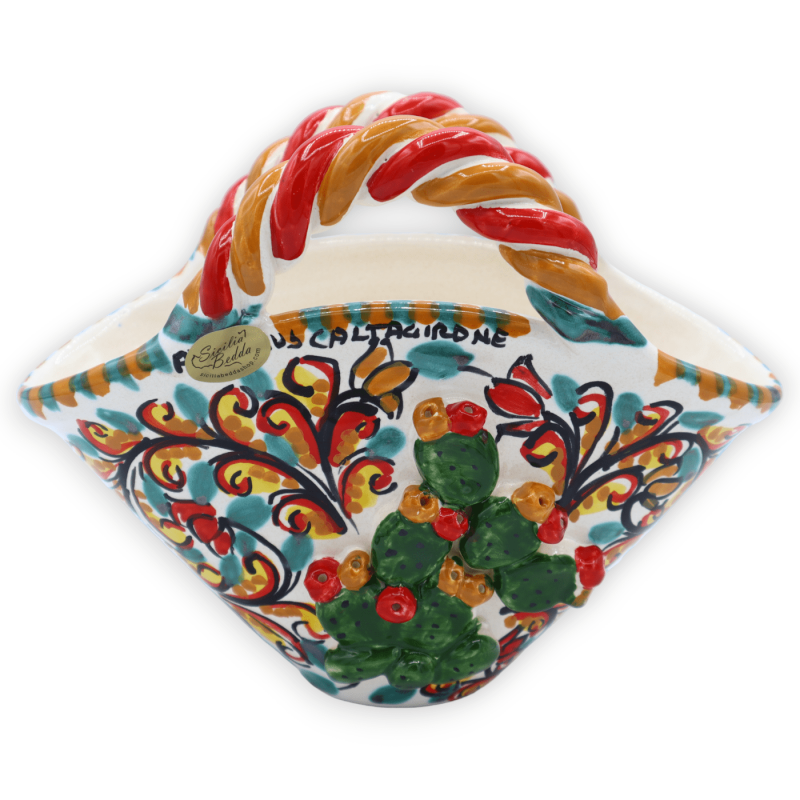 Coffa aus Caltagirone-Keramik mit Feigenkaktus-Schaufelapplikation, sizilianisches Wagenraddekor, L 20 cm x H 17 cm ca. 