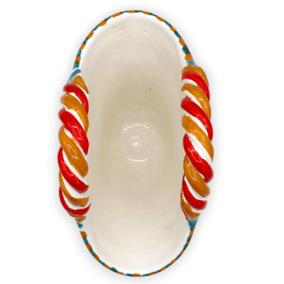 Coffa aus Caltagirone-Keramik mit Feigenkaktus-Schaufelapplikation, sizilianisches Wagenraddekor, L 20 cm x H 17 cm ca. 