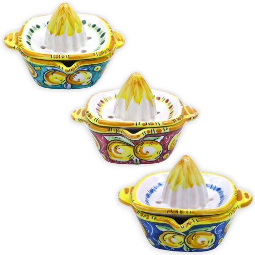 Zitruspresse aus Keramik von Caltagirone, L 13 x H 9 cm ca. (1 Stück) verschiedene Farboptionen, zufällige Dekoration - 
