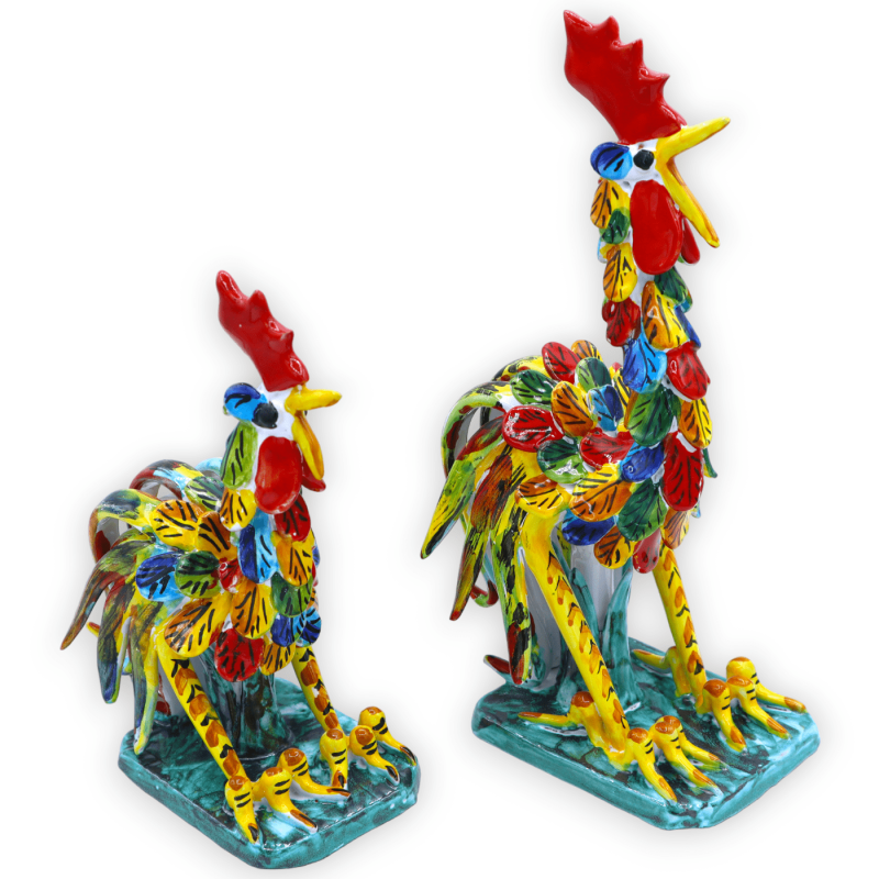Sicilian ceramic rooster with multicolored feathers, available in two sizes, Mod BN - 