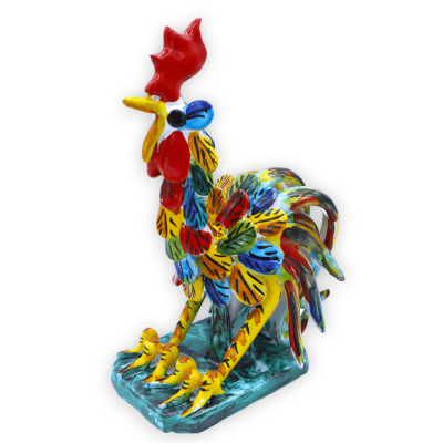 Gallo in Ceramica siciliana con piume multicolore, disponibile in due misure, Mod BN - 