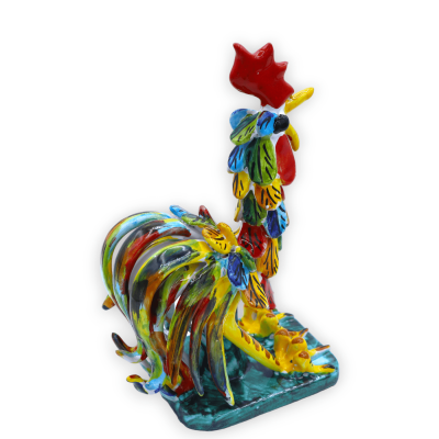 Gallo in Ceramica siciliana con piume multicolore, disponibile in due misure, Mod BN - 