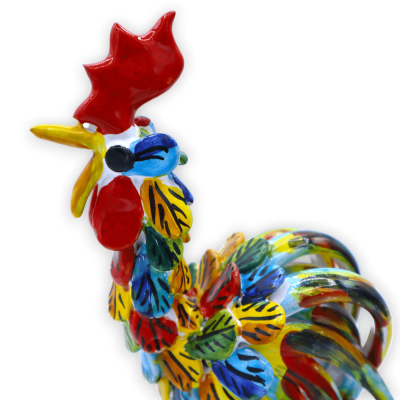 Gallo in Ceramica siciliana con piume multicolore, disponibile in due misure, Mod BN - 