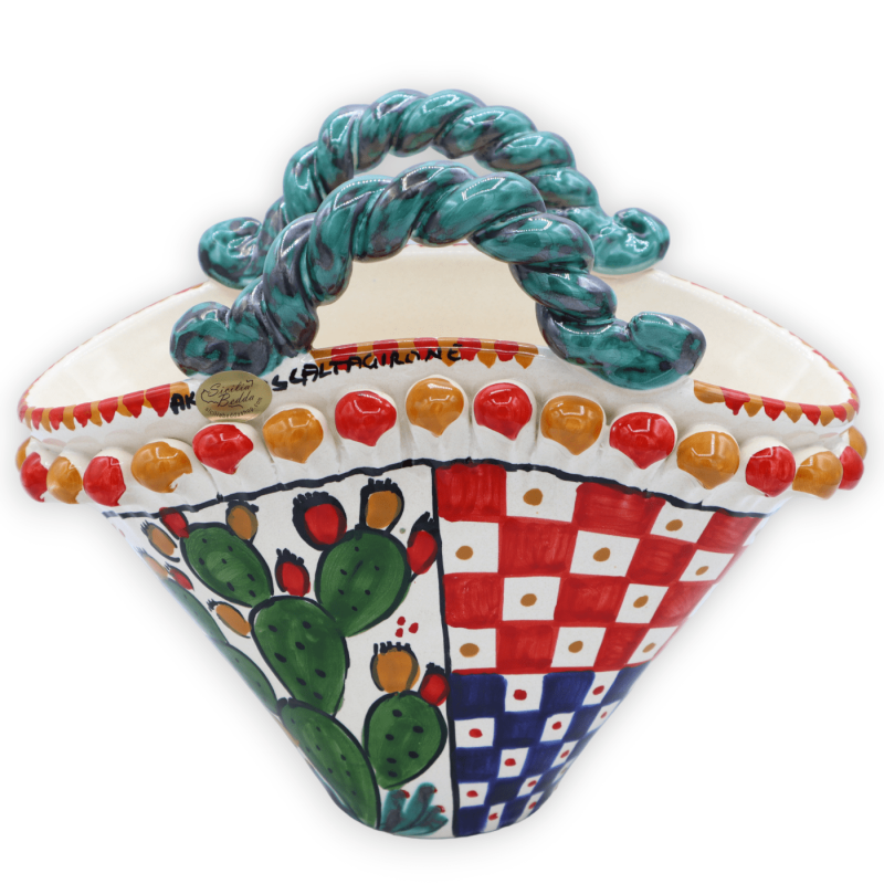 Caltagirone coffa van keramiek, Siciliaanse karrenwieldecoratie en vijgschep, L 26 cm x h 21 cm ca. - 