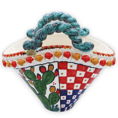Nid de pie en céramique de Caltagirone, décoration roue de charrette sicilienne et pelle à figue de Barbarie, L 26 cm x 