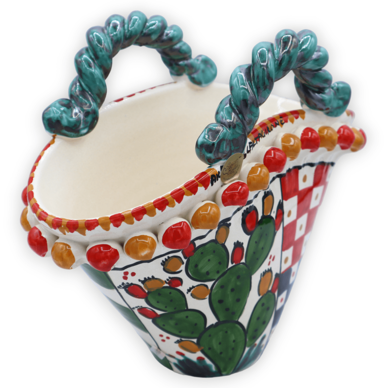 Caltagirone ceramic coffa, Sicilian cart wheel decoration and prickly pear shovel, L 26 cm x h 21 cm approx. - 