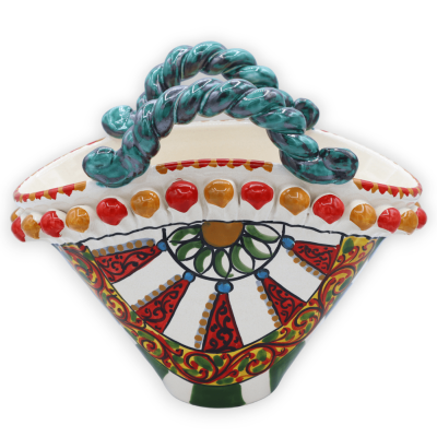 Krähennest aus Caltagirone-Keramik, sizilianische Karrenraddekoration und Feigenkaktusschaufel, L 26 cm x H 21 cm ca. - 
