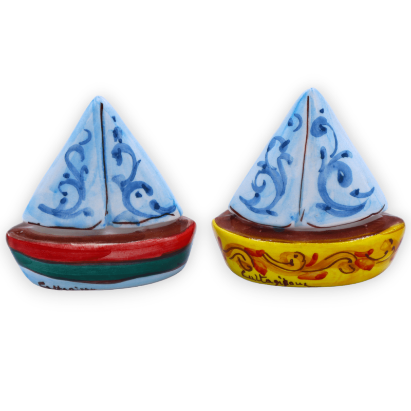 Sailing boat, Caltagirone Ceramics - h 9 x L 8 cm approx. (1pc) random decoration and colour - 