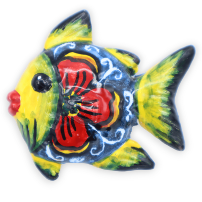 Magnete calamita in ceramica siciliana a forma di Pesce, L 6 cm ca. (1Unità) con decoro floreale - 