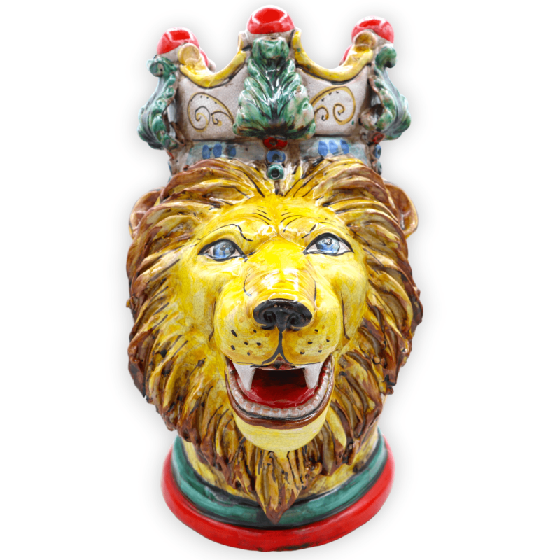 Cabeza de león con corona de cerámica Caltagirone y efecto craquelé - h 35 x D 35 cm aprox. formulario PUR - 