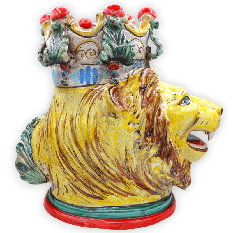 Cabeza de león con corona de cerámica Caltagirone y efecto craquelé - h 35 x D 35 cm aprox. formulario PUR - 