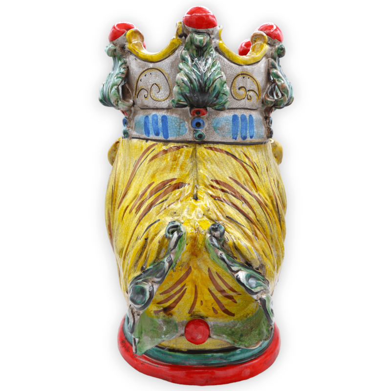 Cabeza de león con corona de cerámica Caltagirone y efecto craquelé - h 35 x D 35 cm aprox. formulario PUR - 