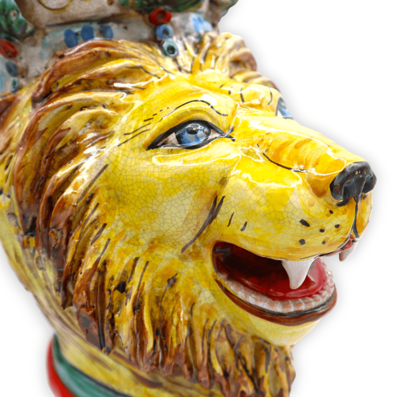 Cabeza de león con corona de cerámica Caltagirone y efecto craquelé - h 35 x D 35 cm aprox. formulario PUR - 