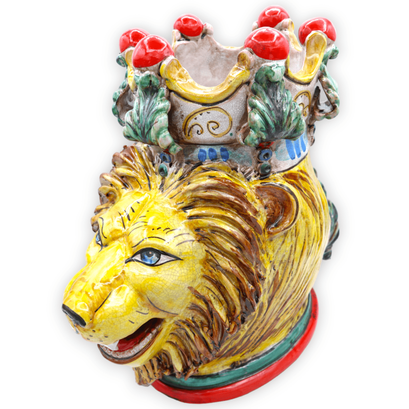 Cabeza de león con corona de cerámica Caltagirone y efecto craquelé - h 35 x D 35 cm aprox. formulario PUR - 