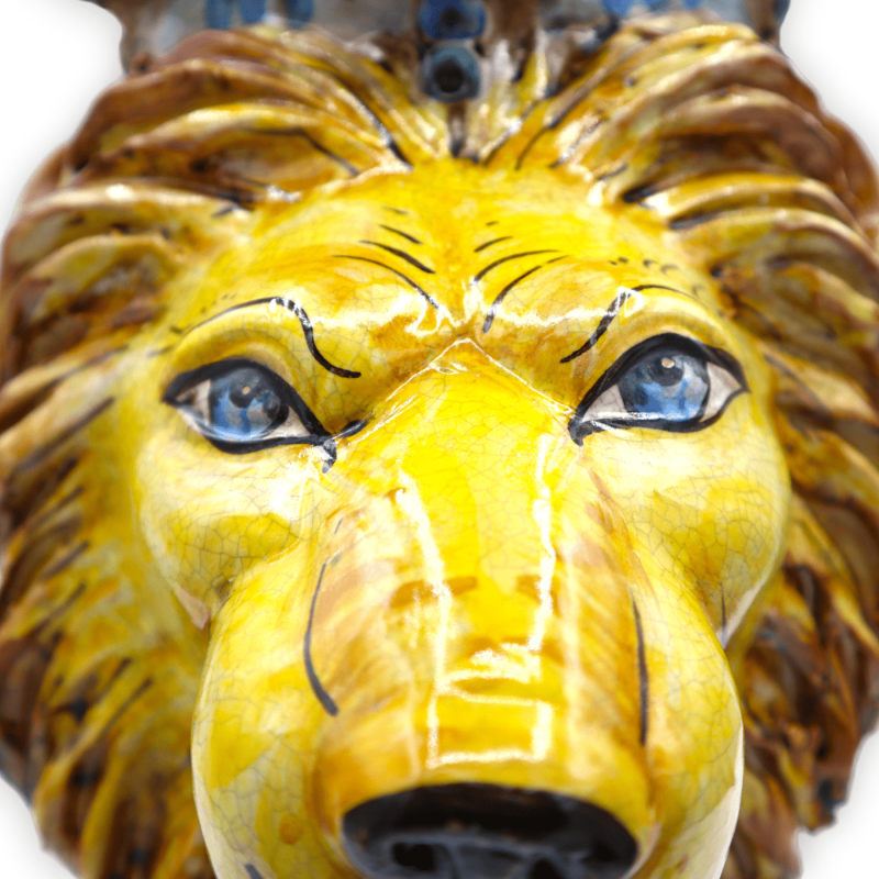 Cabeza de león con corona de cerámica Caltagirone y efecto craquelé - h 35 x D 35 cm aprox. formulario PUR - 