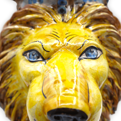 Cabeza de león con corona de cerámica Caltagirone y efecto craquelé - h 35 x D 35 cm aprox. formulario PUR - 