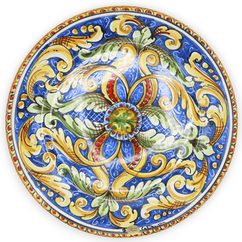 Assiette ornementale en céramique de Caltagirone, décor baroque et floral sur fond bleu - Ø environ 37 cm. Mod BR - 