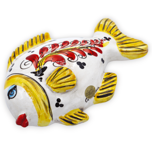 Wandfisch aus Caltagirone-Keramik, Dekoration aus dem 17. Jahrhundert – ca. L 25 x H 17 cm. RP-Mod -  2