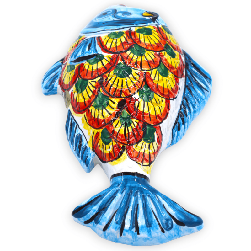 Wall fish in Caltagirone ceramic L 34 x h 18 cm approx. decorated with a peacock tail motif on a blue background - 