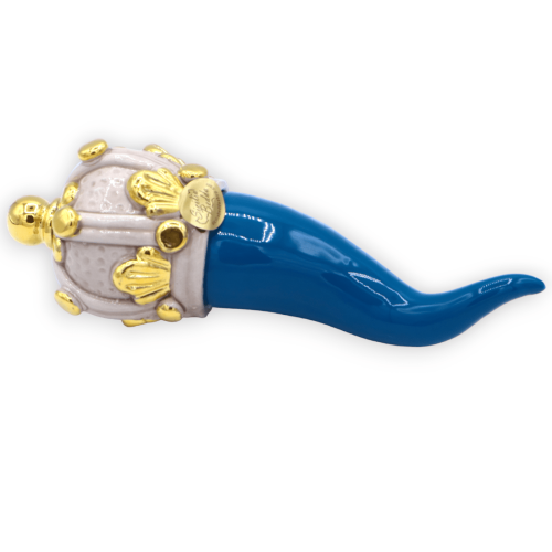 Chifre Caltagirone, azul-petróleo com coroa branca antiga e esmalte de ouro puro 24k, 4 tamanhos disponíveis (1pc) - 
