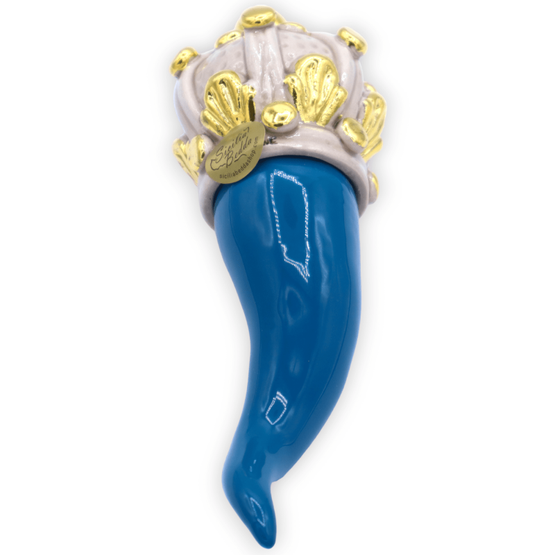 Caltagirone horn, teal with antique white crown and 24k pure gold enamel, 4 sizes available (1pc) - 