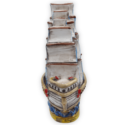 Caltagirone ceramic sailing ship, with relief decorations - h 36 x L 33 cm approx. RP mod - 