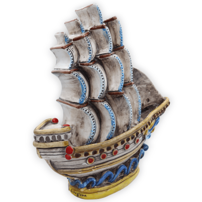 Caltagirone-Keramik-Segelschiff mit Reliefverzierungen – ca. H 36 x B 33 cm. RP-Mod - 