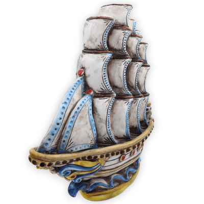 Caltagirone ceramic sailing ship, with relief decorations - h 36 x L 33 cm approx. RP mod - 