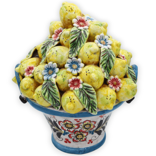 Caltagirone keramikkorg, ca 30 cm hög. blå med applikationer av citroner, blommor och blad - 