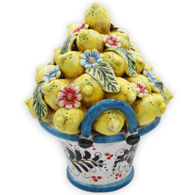Cesto central de cerâmica Caltagirone, com aproximadamente 30 cm de altura. azul com aplicações de limões, flores e folh