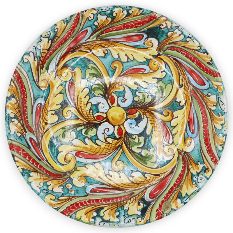 Piatto Ornamentale in ceramica Caltagirone, decoro barocco e floreale, Ø 37 cm ca. Mod BR - 