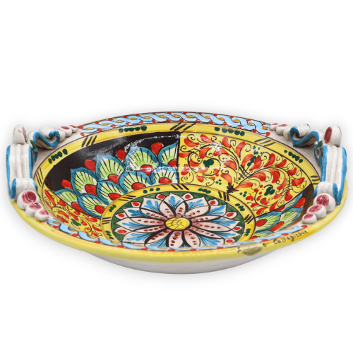 Centre de table en céramique de Caltagirone, décor XVIIème siècle, queue de paon et fleur, Ø environ 37 cm. - 