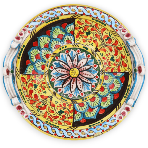 Caltagirone ceramic centerpiece, 17th century decoration, peacock tail and flower, Ø 37 cm approx. -  2