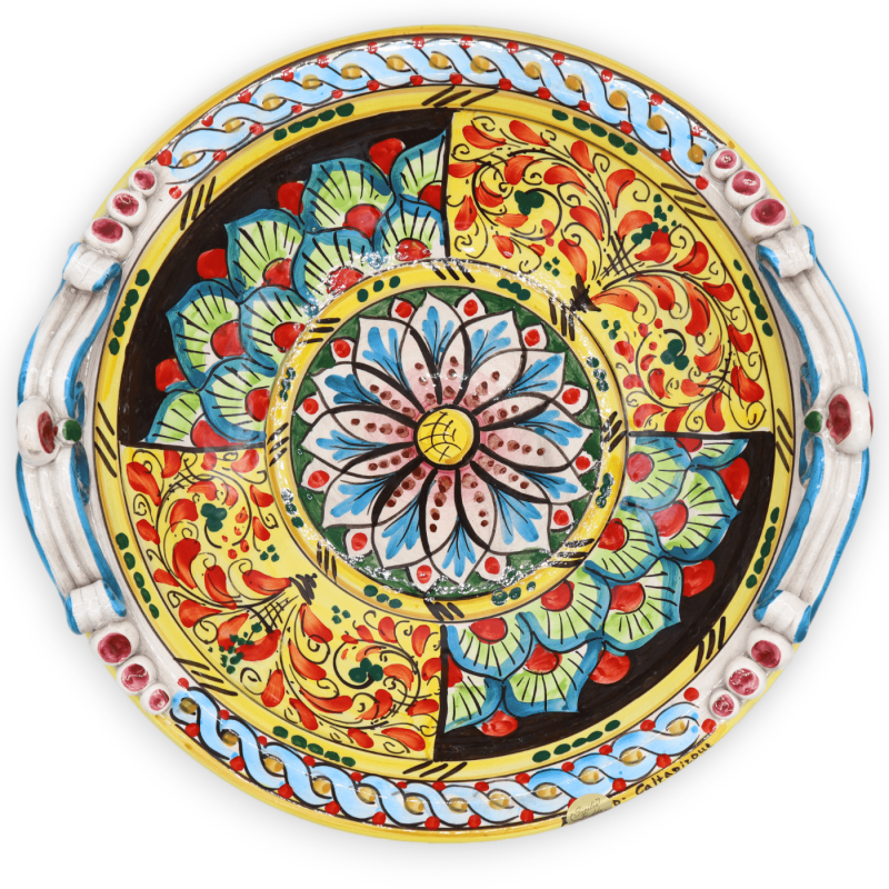 Caltagirone keramiskt mittstycke, 1600-talsdekor, påfågelsvans och blomma, Ø 37 cm ca. - 