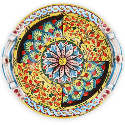 Caltagirone keramiskt mittstycke, 1600-talsdekor, påfågelsvans och blomma, Ø 37 cm ca. - 