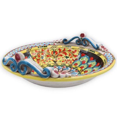 Ceramiczny element centralny Caltagirone, dekoracja z XVII wieku, pawi ogon i kwiat, Ø 37 cm ok. - 
