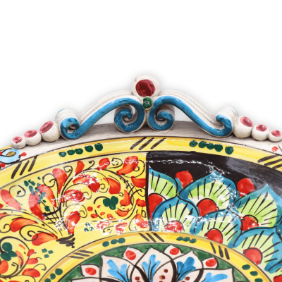 Centro de mesa em cerâmica Caltagirone, decoração séc. XVII, rabo de pavão e flor, Ø 37 cm aprox. - 