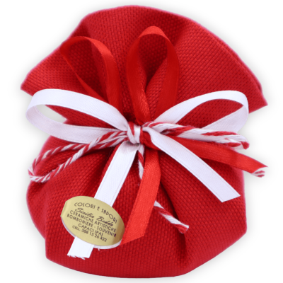 Sac en coton rouge double pli, avec doubles rubans de satin, 5 dragées à l'intérieur - Dimensions : L 14 x H 13 cm - 