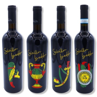 Von Hand gravierte und dekorierte Sammlerflasche, Assi Siciliani-Kollektion (1 Stück) Nero d'Avola- oder Syrah-Wein 750 