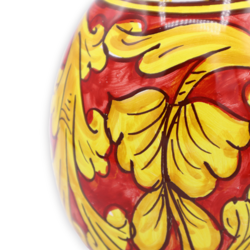 Uovo in ceramica di Caltagirone, Decoro barocco su fondo rosso, h 15 cm e Ø 13 cm ca. Mod. TD -  2