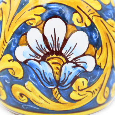Caltagirone-Keramik-Ei, H 15 cm und Ø ca. 13 cm. Barocke Dekoration auf blauem Hintergrund und Blumen - 