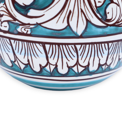 Uovo in ceramica di Caltagirone, Decoro barocco bianco su fondo verderame, h 15 cm e Ø 13 cm ca. Mod. TD - 