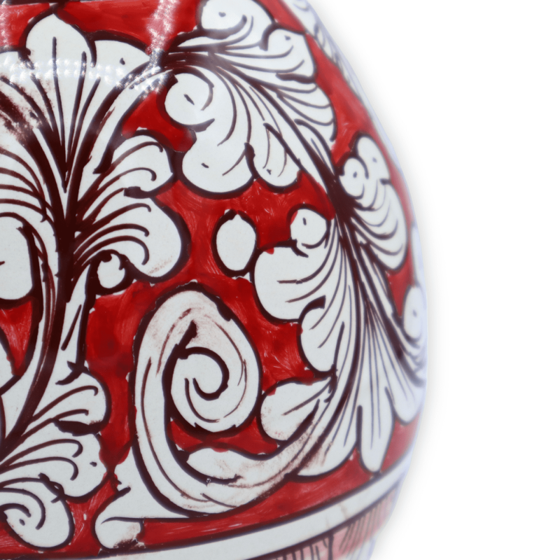 Caltagirone keramisch ei, witte barokke decoratie op een rode achtergrond, h 15 cm en Ø 13 cm ca. Mod TD - 
